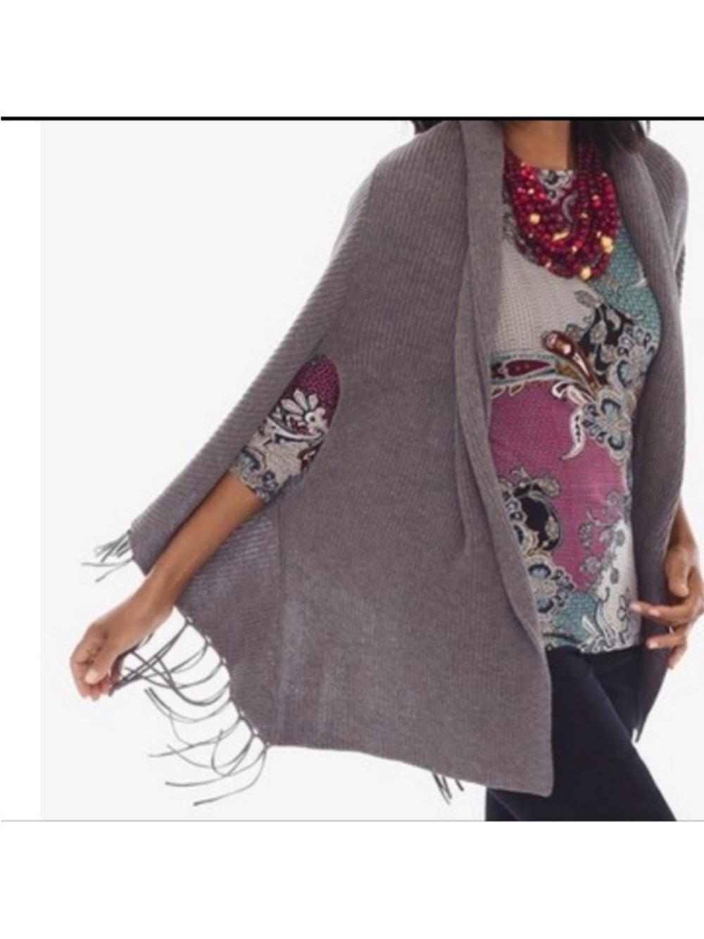 Chico's Beige Open-Knit Fringe Wrap Cardigan - Picture 3 of 13